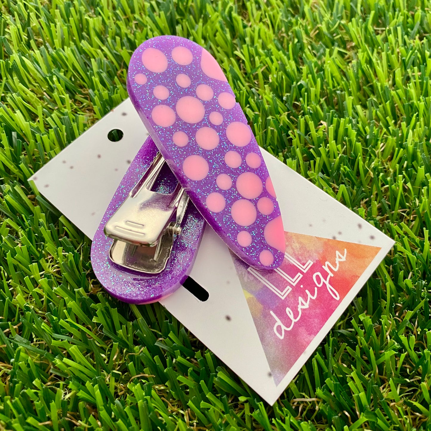 Handmade Resin Hair Clip - Pink Polka Dots on Glitter Purple Hair Clip Pair!