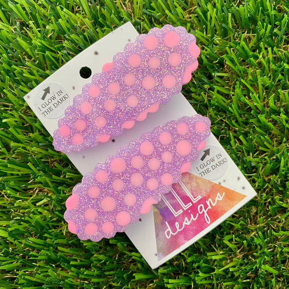 Handmade Resin Hair Clip - Glow In Dark Purple Glitter Hair Clip Pair Featuring Pink Polka Dots and a Scalloped Edge!
