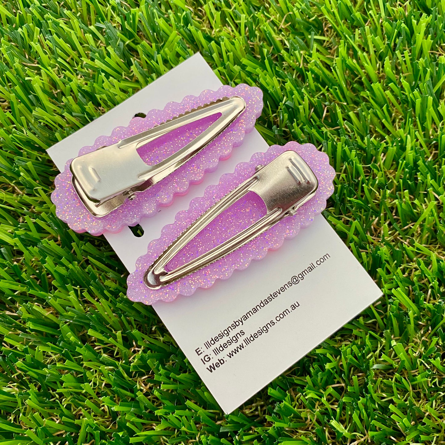 Handmade Resin Hair Clip - Glow In Dark Purple Glitter Hair Clip Pair Featuring Pink Polka Dots and a Scalloped Edge!