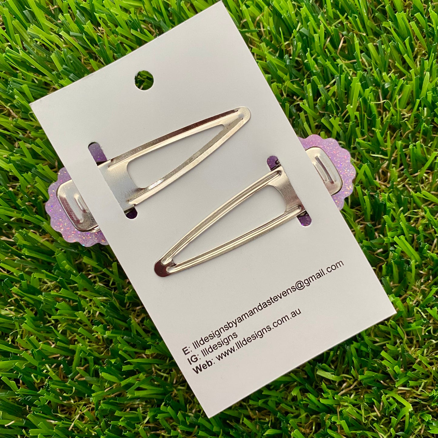 Handmade Resin Hair Clip - Glow In Dark Purple Glitter Hair Clip Pair Featuring Pink Polka Dots and a Scalloped Edge!