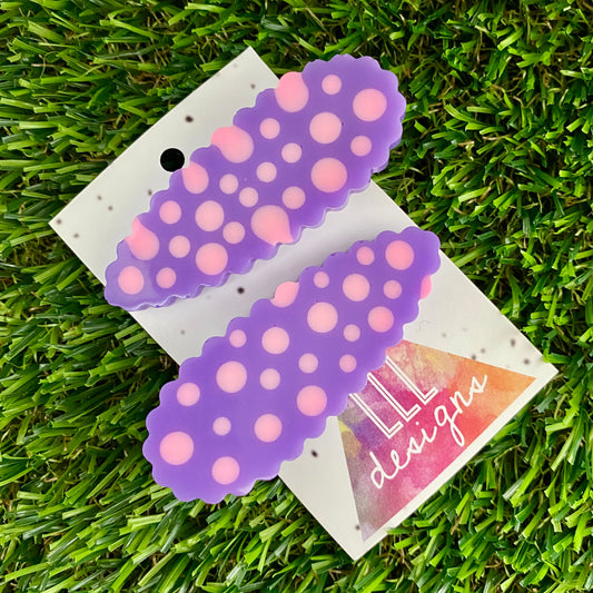 Handmade Resin Hair Clip - Purple Hair Clip Pair Featuring Pink Polka Dots and a Scalloped Edge!