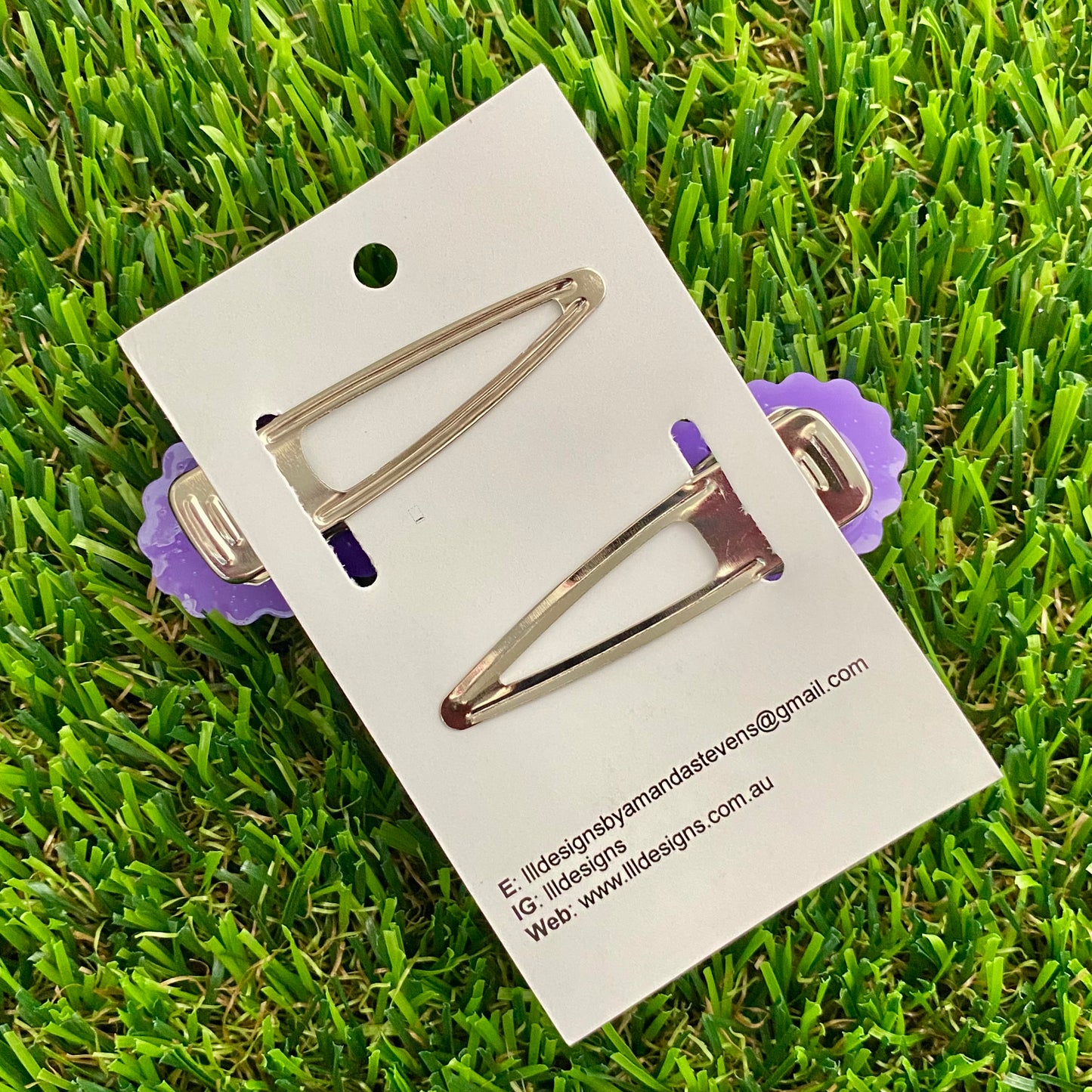 Handmade Resin Hair Clip - Purple Hair Clip Pair Featuring Pink Polka Dots and a Scalloped Edge!