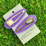 Handmade Resin Hair Clip - Purple Hair Clip Pair Featuring Pink Polka Dots and a Scalloped Edge!