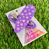 Handmade Resin Hair Clip - Purple Hair Clip Pair Featuring Pink Polka Dots and a Scalloped Edge!