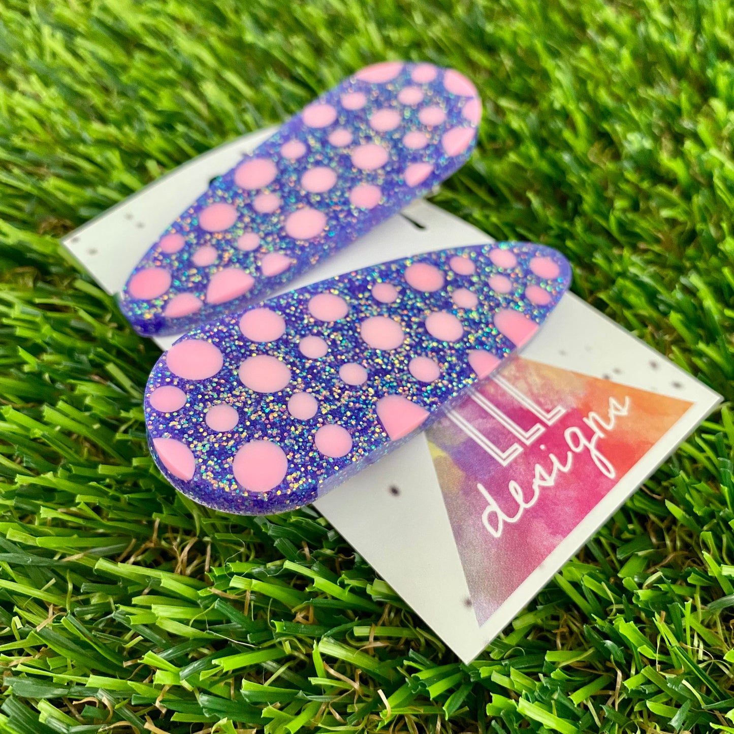 Handmade Resin Hair Clip - Galaxy Purple Hair Clip Pair Featuring Pink Polka Dots!