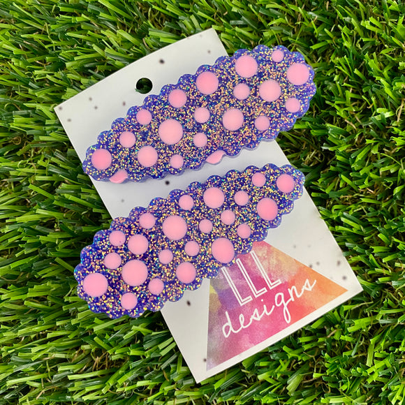 Handmade Resin Hair Clip - Galaxy Purple Hair Clip Pair Featuring Pink Polka Dots and a Scalloped Edge!