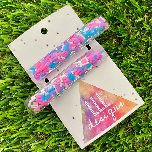 Handmade Resin Hair Clip - Clear Sprinkle Hair Clip Pair Featuring a Squared Edge!