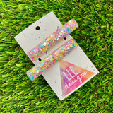 Handmade Resin Hair Clip - Silver Rainbow Confetti Hair Clip Pair Featuring a Squared Edge!
