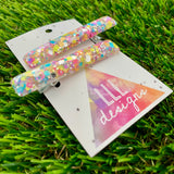 Handmade Resin Hair Clip - Silver Rainbow Confetti Hair Clip Pair Featuring a Squared Edge!