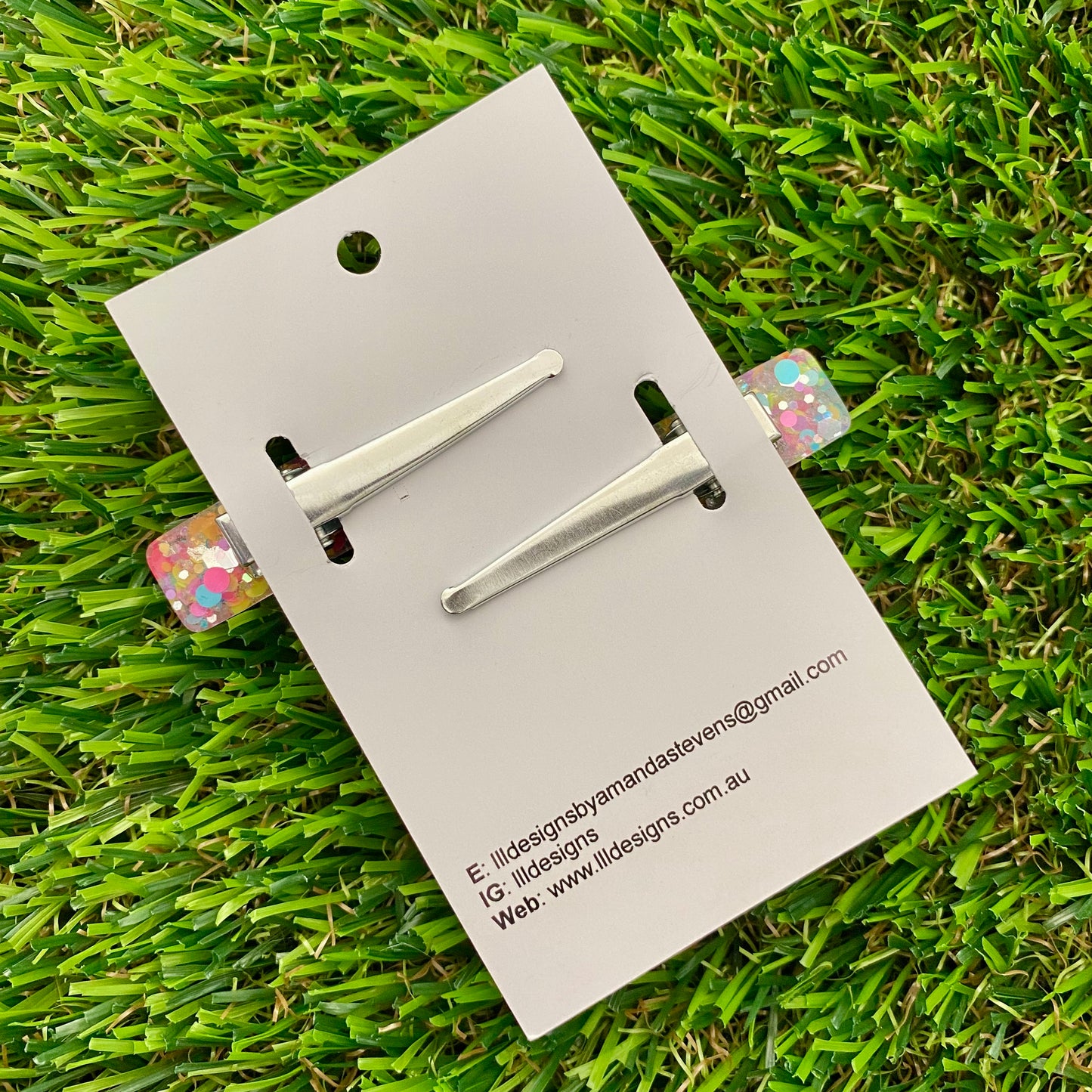 Handmade Resin Hair Clip - Silver Rainbow Confetti Hair Clip Pair Featuring a Squared Edge!