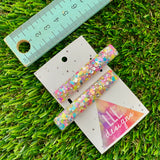 Handmade Resin Hair Clip - Silver Rainbow Confetti Hair Clip Pair Featuring a Squared Edge!
