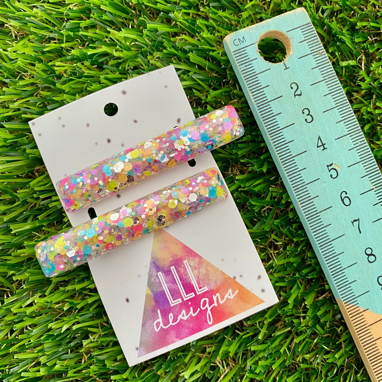 Handmade Resin Hair Clip - Silver Rainbow Confetti Hair Clip Pair Featuring a Squared Edge!