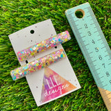 Handmade Resin Hair Clip - Silver Rainbow Confetti Hair Clip Pair Featuring a Squared Edge!