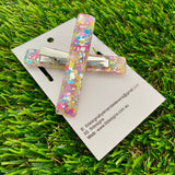 Handmade Resin Hair Clip - Silver Rainbow Confetti Hair Clip Pair Featuring a Squared Edge!