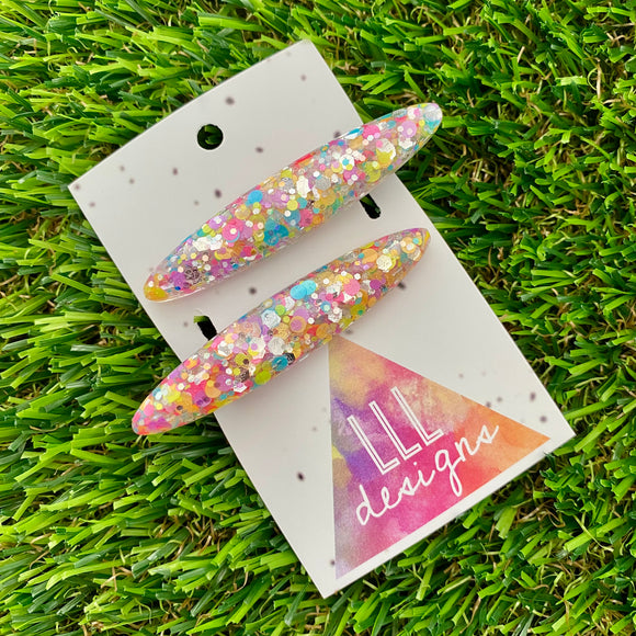 Handmade Resin Hair Clip - Silver Rainbow Confetti Hair Clip Pair Featuring a Rounded Edge!