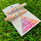 Handmade Resin Hair Clip - Silver Rainbow Confetti Hair Clip Pair Featuring a Rounded Edge!