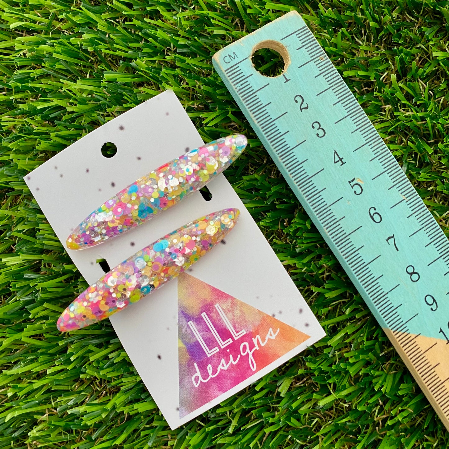 Handmade Resin Hair Clip - Silver Rainbow Confetti Hair Clip Pair Featuring a Rounded Edge!