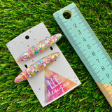 Handmade Resin Hair Clip - Silver Rainbow Confetti Hair Clip Pair Featuring a Rounded Edge!