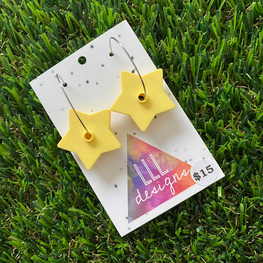 Star Earrings - Light Yellow Star Brick Hoop Dangle Earrings. Super Fun and Cute with any Outfit!