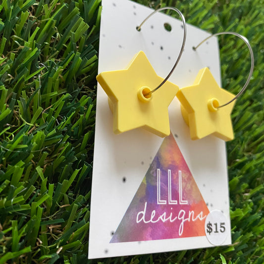 Star Earrings - Light Yellow Star Brick Hoop Dangle Earrings. Super Fun and Cute with any Outfit!