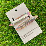 Handmade Resin Hair Clip - Silver Rainbow Confetti Hair Clip Pair Featuring a Rounded Edge!