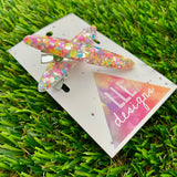 Handmade Resin Hair Clip - Silver Rainbow Confetti Hair Clip Pair Featuring a Rounded Edge!