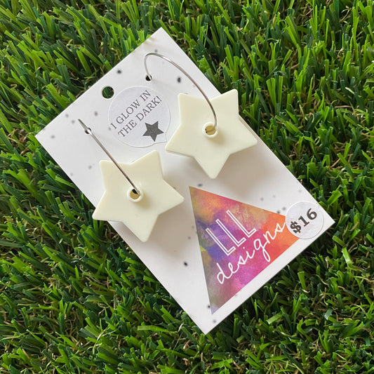 Glow in the Dark Earrings - Glow in The Dark Brick Star Hoop Dangle Earrings. Super Fun and Cute with any Outfit!