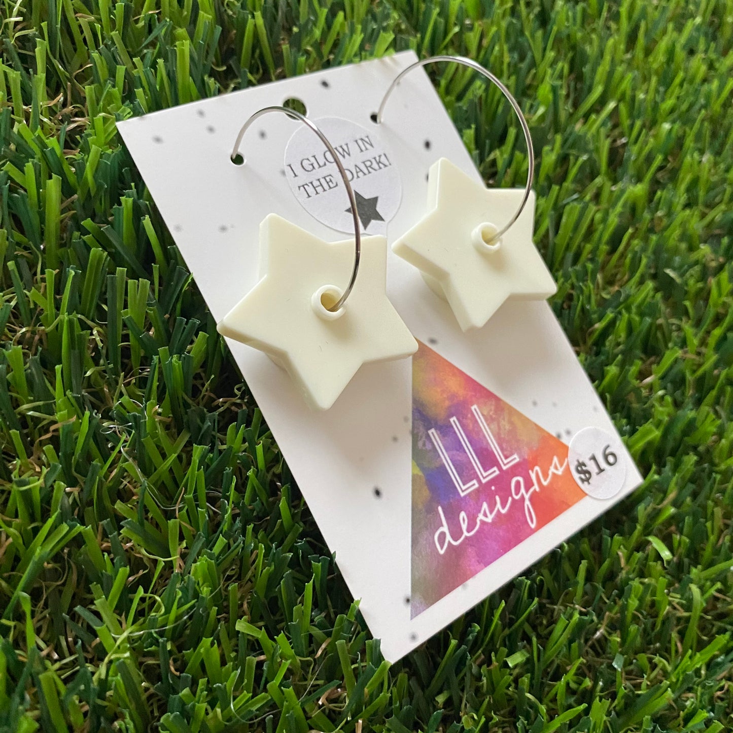 Glow in the Dark Earrings - Glow in The Dark Brick Star Hoop Dangle Earrings. Super Fun and Cute with any Outfit!