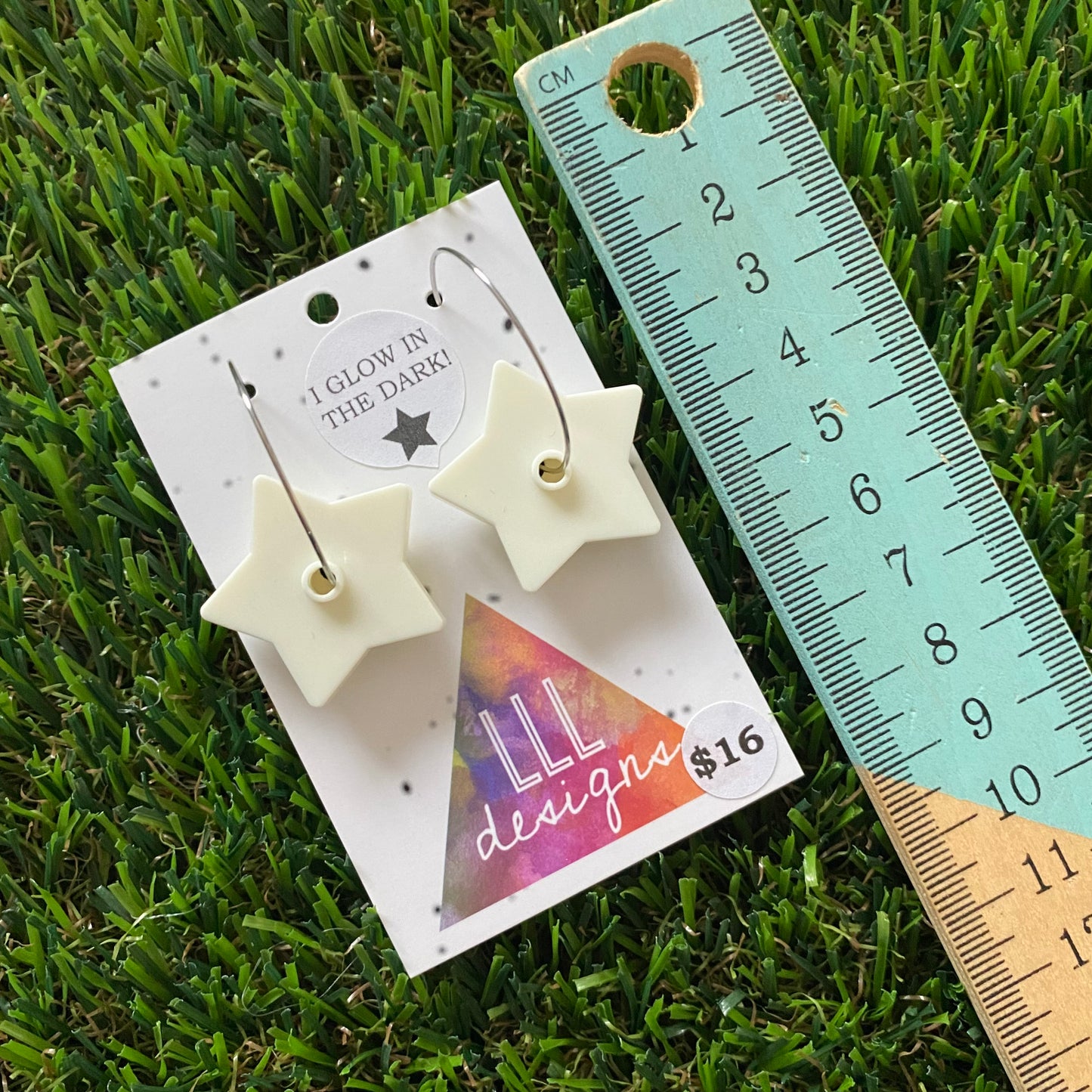 Glow in the Dark Earrings - Glow in The Dark Brick Star Hoop Dangle Earrings. Super Fun and Cute with any Outfit!