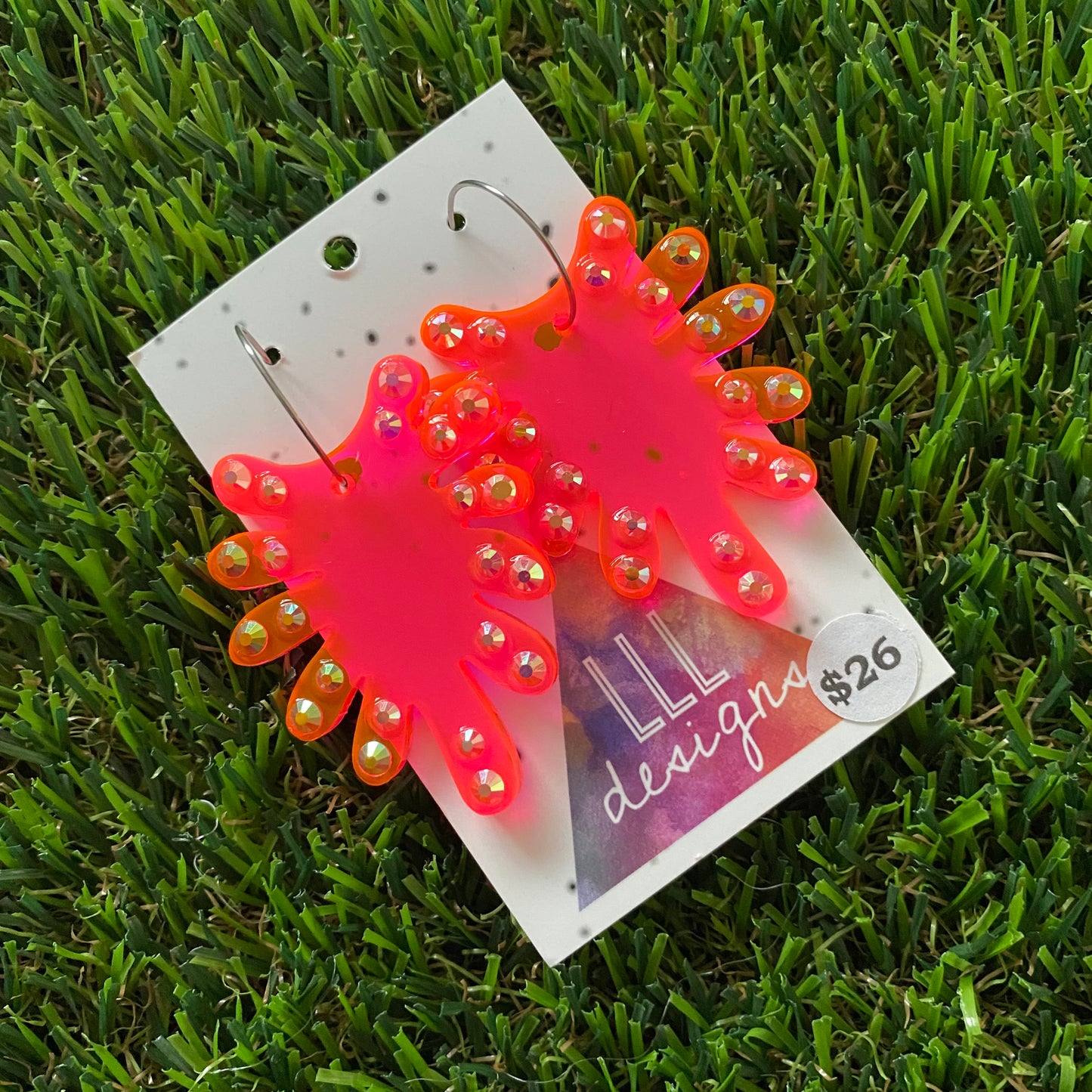 Rhinestone Earrings - Neon Glow Red ShowGirl Rhinestones Hoop Statement Dangles! Holographic Rhinestones that give of all the FAB colours BABY!!!!!!
