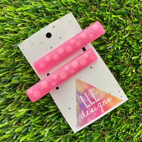 Handmade Resin Hair Clip - Glitter Pink Hair Clip Pair Featuring Pink Polka Dots and a Squared Edge!