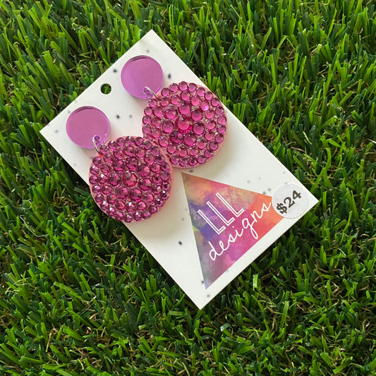 Rhinestone Earrings - Pink and Purple Rhinestone encrusted Circle Statement Dangle Earrings featuring Purple Mirror Tops.