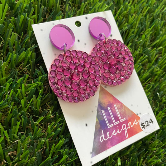 Rhinestone Earrings - Pink and Purple Rhinestone encrusted Circle Statement Dangle Earrings featuring Purple Mirror Tops.