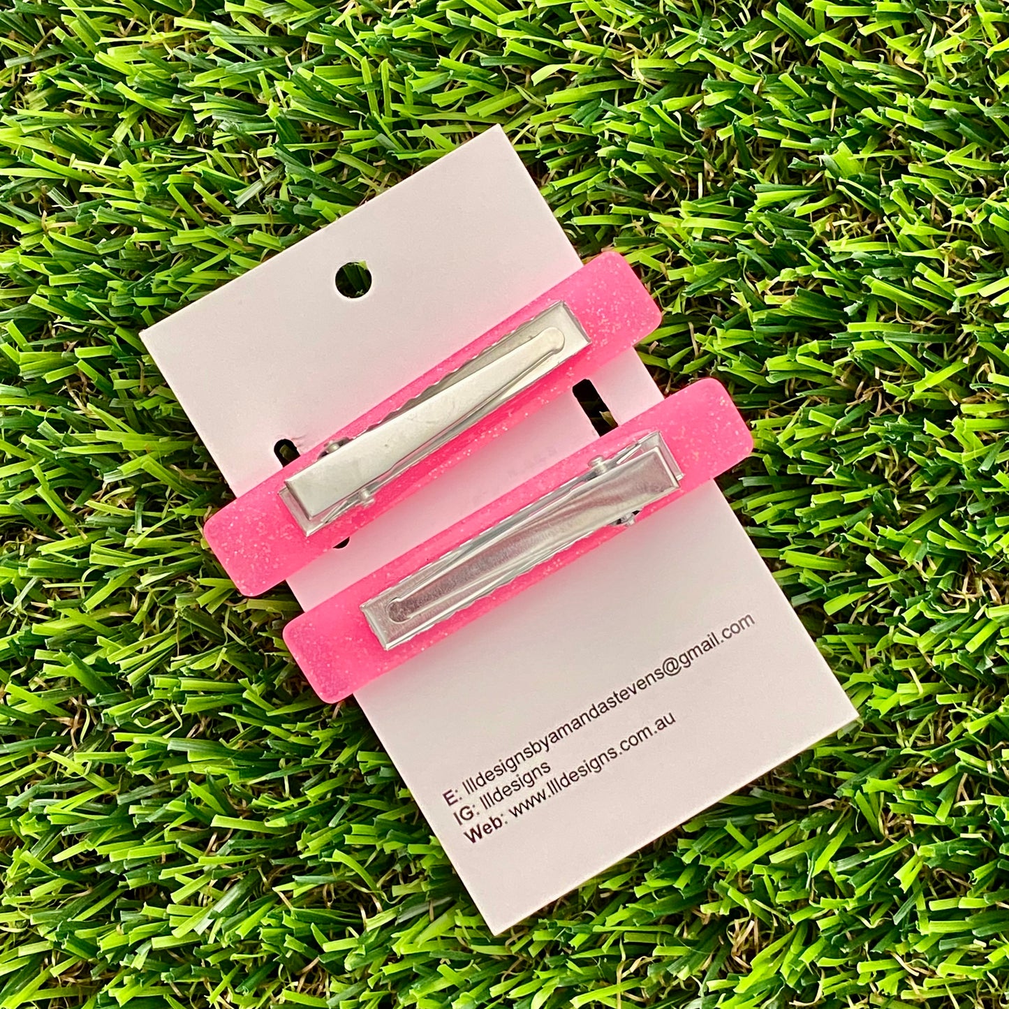 Handmade Resin Hair Clip - Glitter Pink Hair Clip Pair Featuring Pink Polka Dots and a Squared Edge!