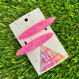 Handmade Resin Hair Clip - Glitter Pink Hair Clip Pair Featuring Purple Polka Dots and a Rounded Edge!