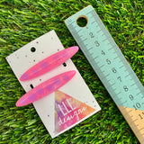 Handmade Resin Hair Clip - Glitter Pink Hair Clip Pair Featuring Purple Polka Dots and a Rounded Edge!