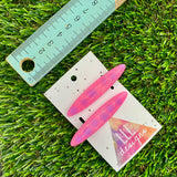 Handmade Resin Hair Clip - Glitter Pink Hair Clip Pair Featuring Purple Polka Dots and a Rounded Edge!