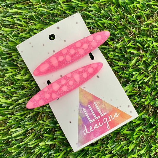 Handmade Resin Hair Clip - Glitter Pink Hair Clip Pair Featuring Pink Polka Dots and a Rounded Edge!