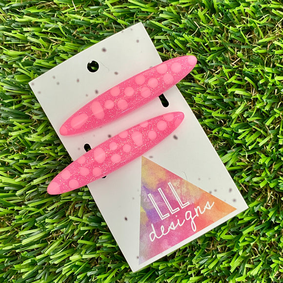 Handmade Resin Hair Clip - Glitter Pink Hair Clip Pair Featuring Pink Polka Dots and a Rounded Edge!
