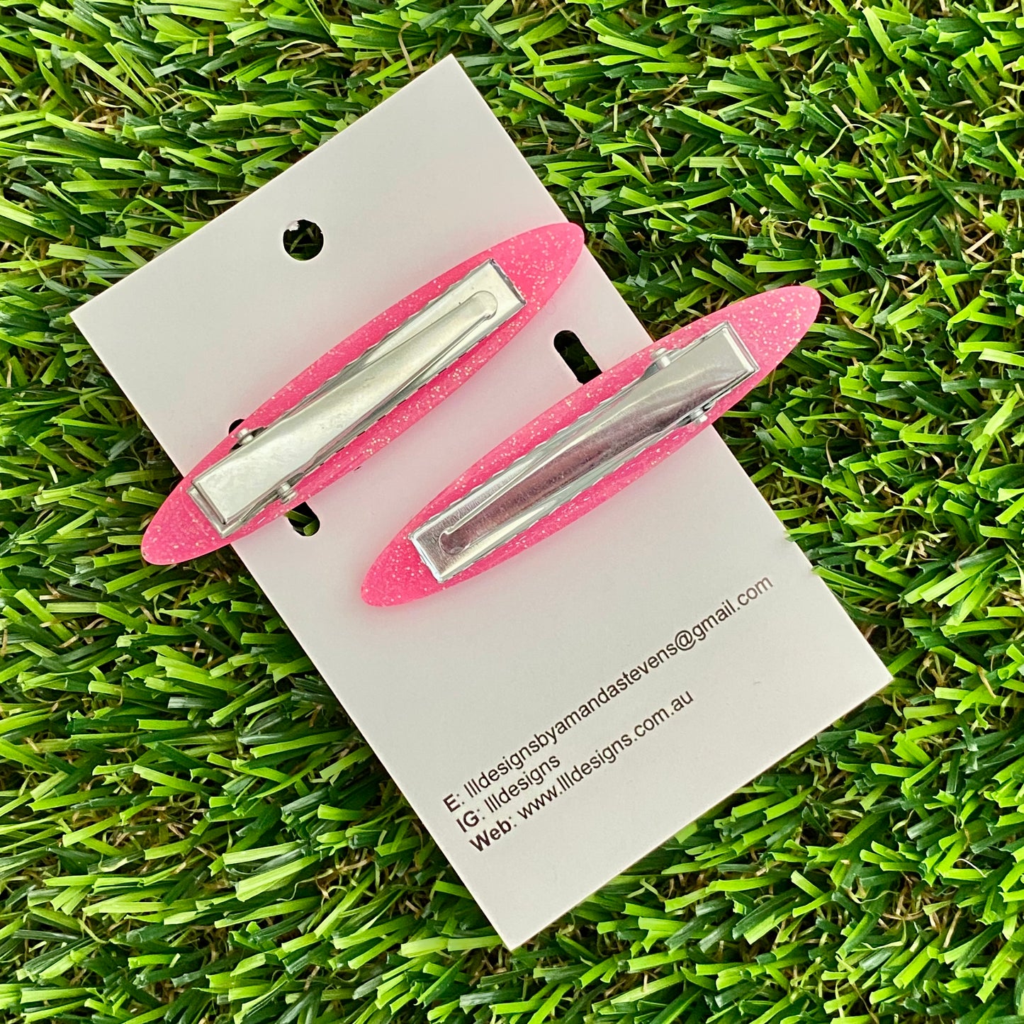 Handmade Resin Hair Clip - Glitter Pink Hair Clip Pair Featuring Pink Polka Dots and a Rounded Edge!