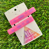 Handmade Resin Hair Clip - Glitter Pink Hair Clip Pair Featuring Purple Polka Dots and a Squared Edge!