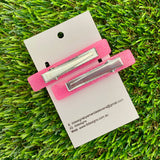 Handmade Resin Hair Clip - Glitter Pink Hair Clip Pair Featuring Purple Polka Dots and a Squared Edge!