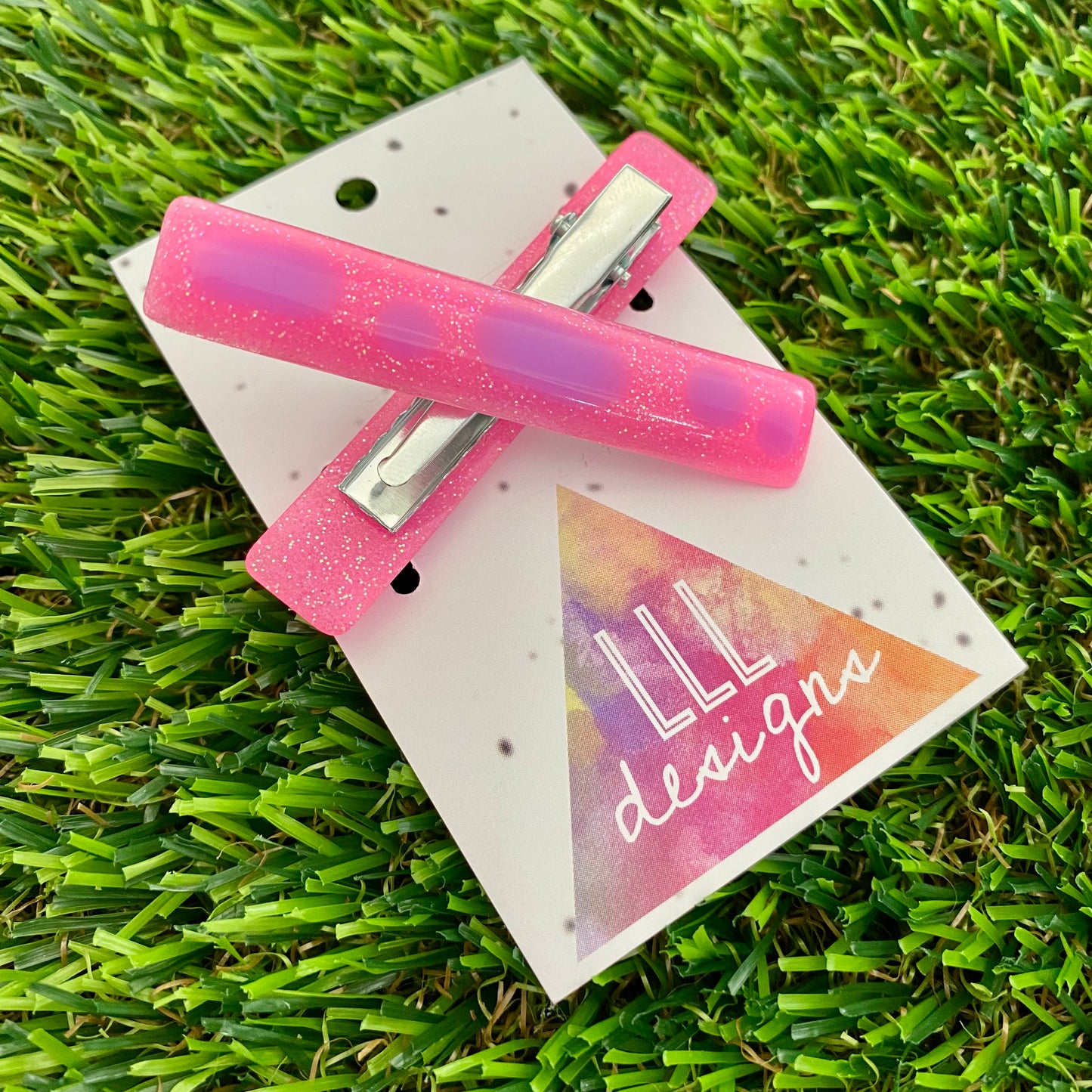 Handmade Resin Hair Clip - Glitter Pink Hair Clip Pair Featuring Purple Polka Dots and a Squared Edge!