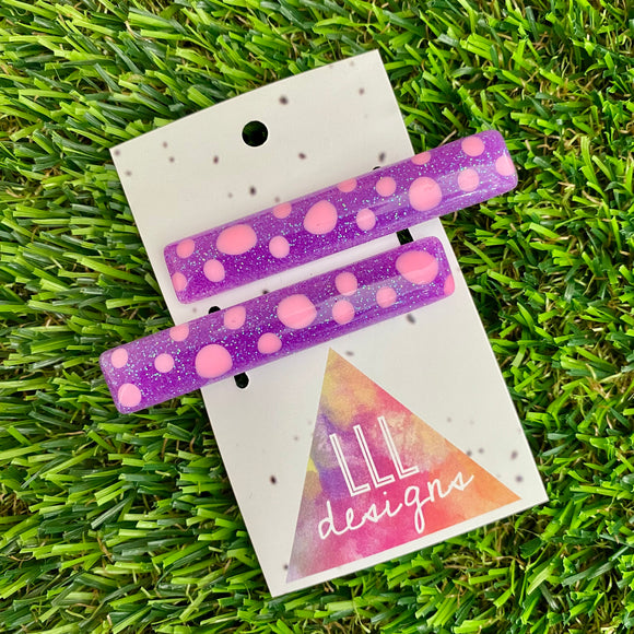 Handmade Resin Hair Clip - Glitter Purple Hair Clip Pair Featuring Pink Polka Dots and a Squared Edge!