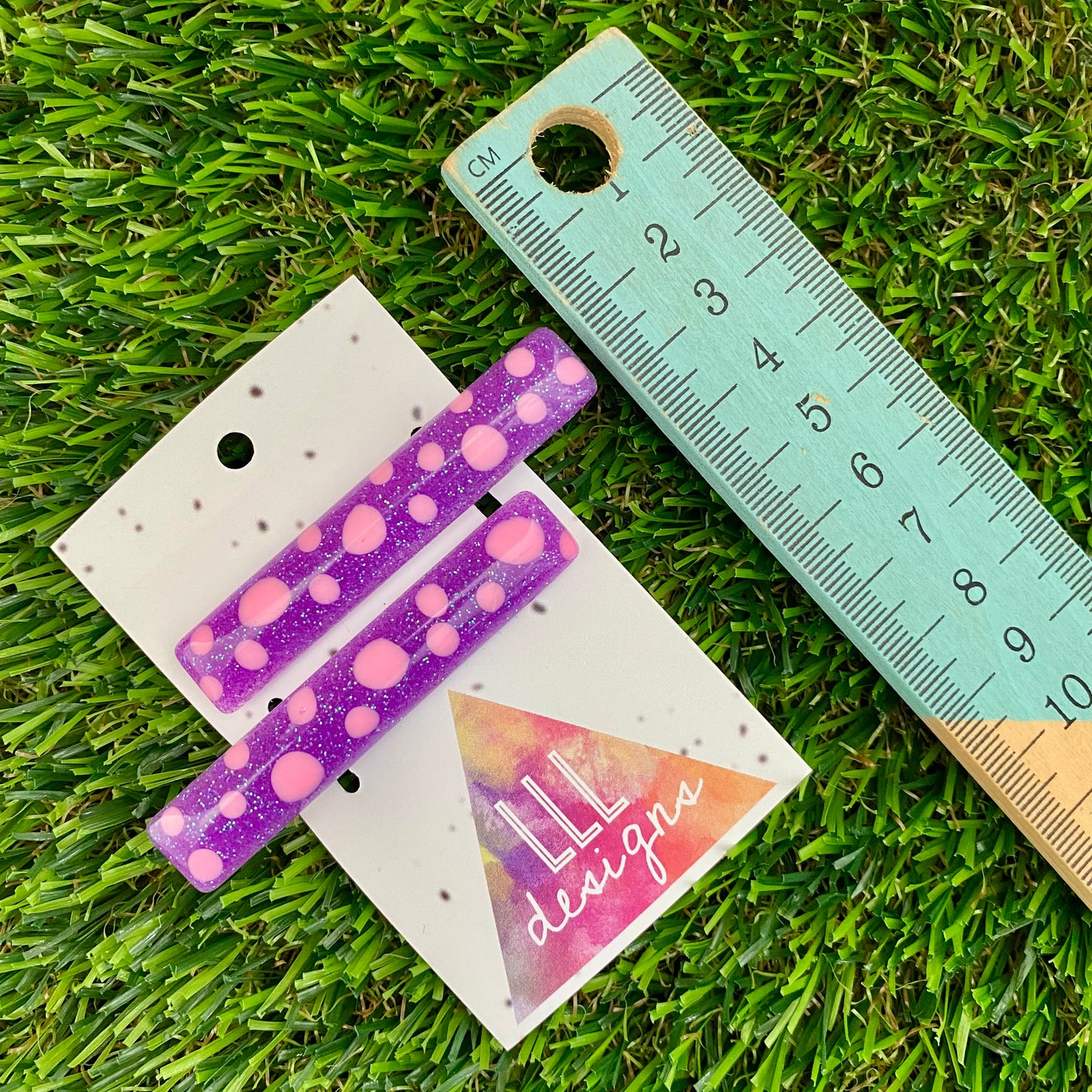 Handmade Resin Hair Clip - Glitter Purple Hair Clip Pair Featuring Pink Polka Dots and a Squared Edge!