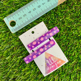 Handmade Resin Hair Clip - Glitter Purple Hair Clip Pair Featuring Pink Polka Dots and a Squared Edge!
