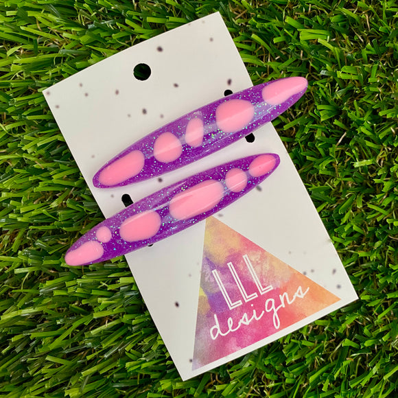 Handmade Resin Hair Clip - Glitter Purple Hair Clip Pair Featuring Pink Polka Dots and a Rounded Edge!