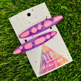 Handmade Resin Hair Clip - Glitter Purple Hair Clip Pair Featuring Pink Polka Dots and a Rounded Edge!