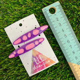 Handmade Resin Hair Clip - Glitter Purple Hair Clip Pair Featuring Pink Polka Dots and a Rounded Edge!