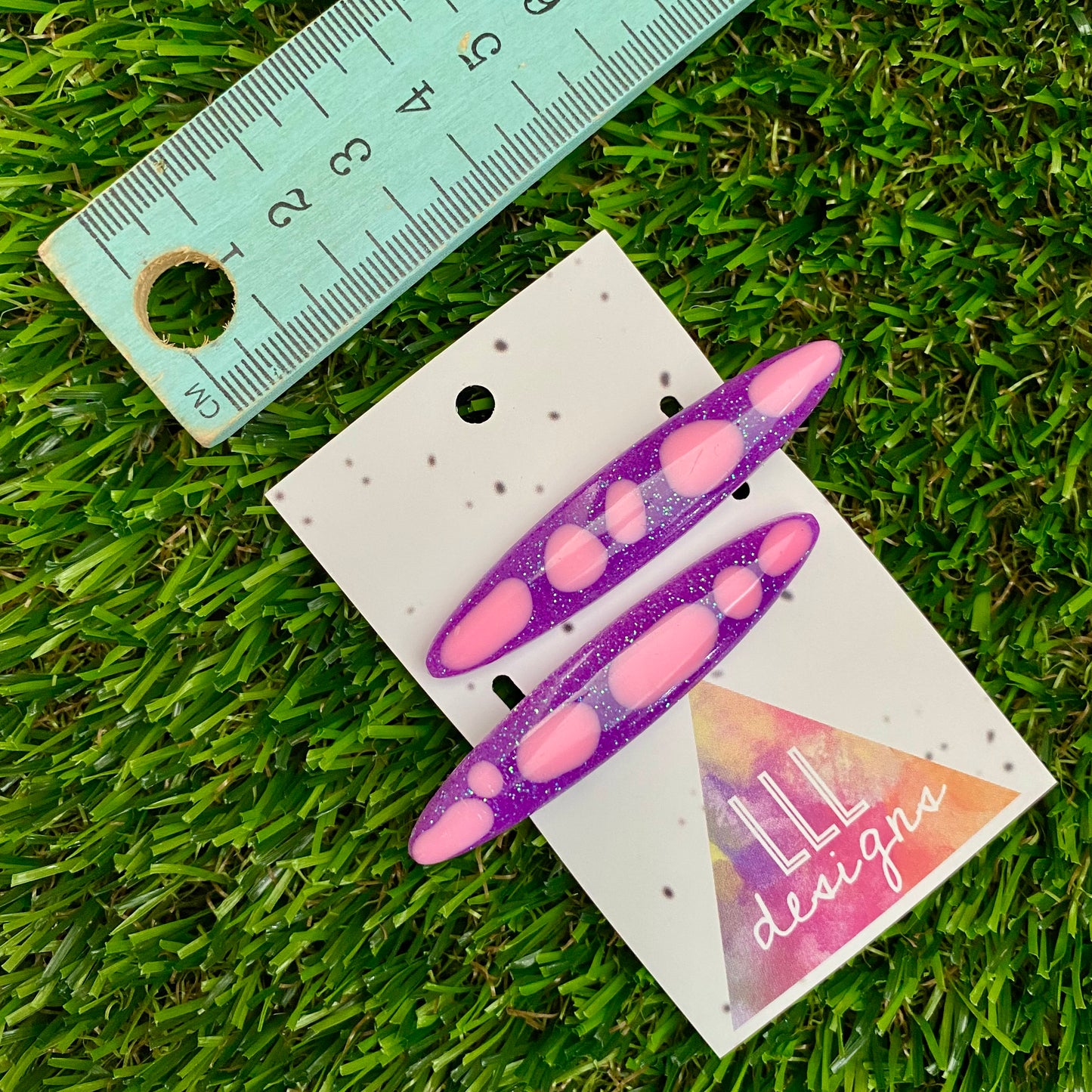 Handmade Resin Hair Clip - Glitter Purple Hair Clip Pair Featuring Pink Polka Dots and a Rounded Edge!